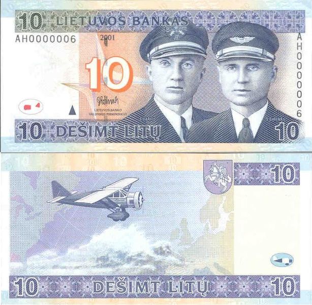 Lithuanian 10 Litu note featuring pilots Darius and Girenas